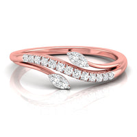 A rose gold double-band ring featuring marquise-cut diamond accents and a row of round diamonds, displayed on a clean white background with a soft reflection.