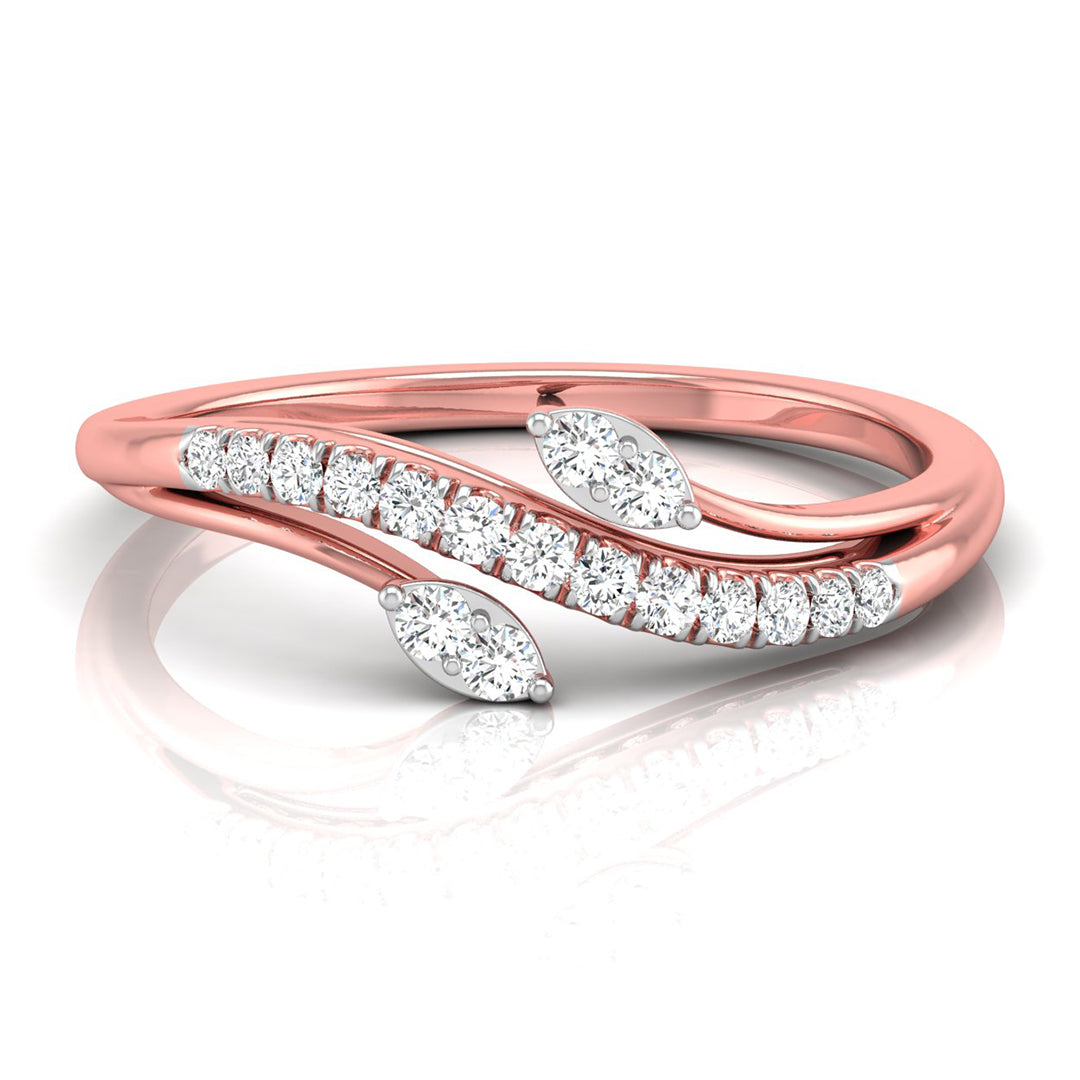 A rose gold double-band ring featuring marquise-cut diamond accents and a row of round diamonds, displayed on a clean white background with a soft reflection.