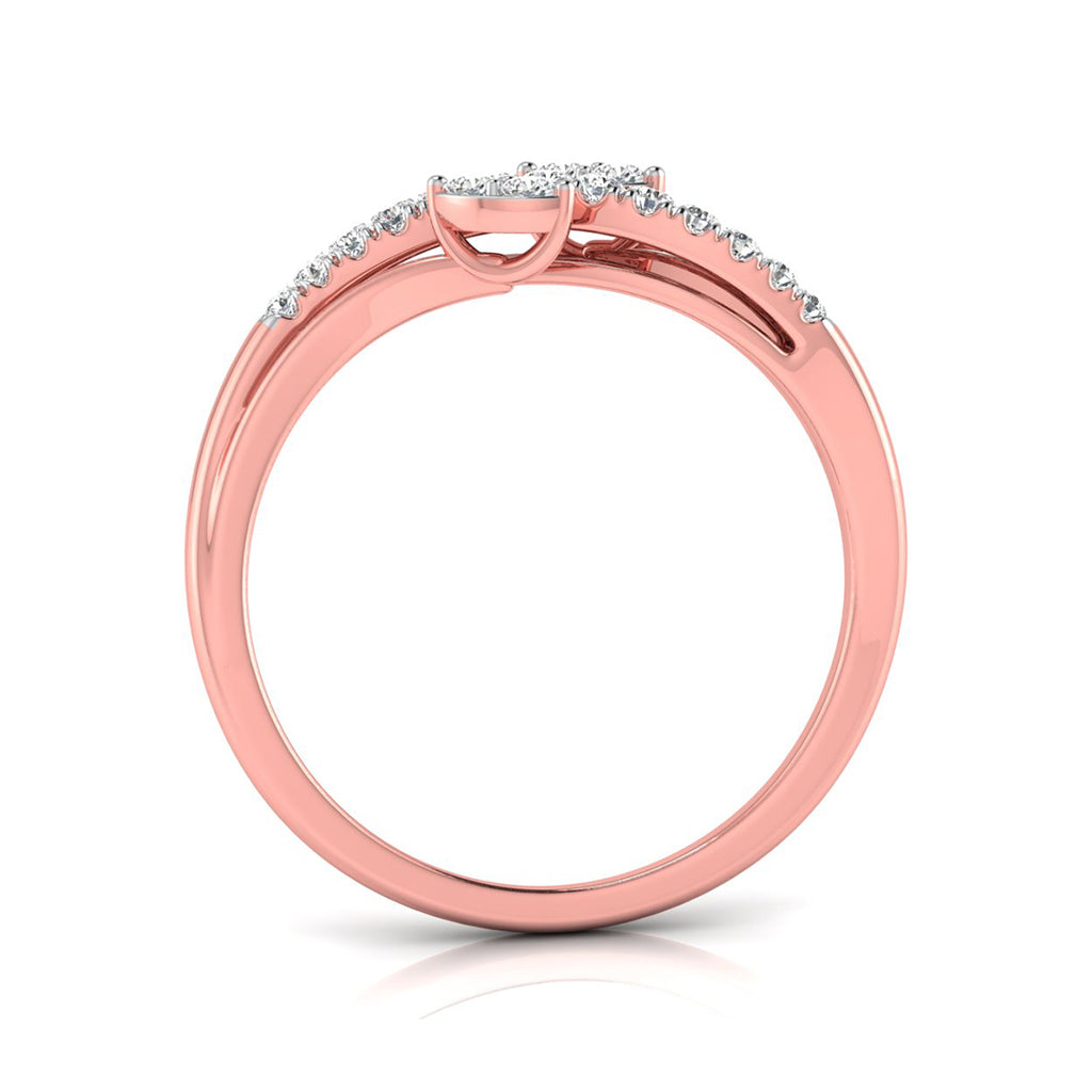 A rose gold diamond ring shown from a top-down angle on a clean white background. The ring features a curved band with small pavé-set diamonds along the shoulders and a central diamond cluster.