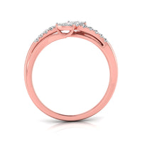 A rose gold diamond ring shown from a top-down angle on a clean white background. The ring features a curved band with small pavé-set diamonds along the shoulders and a central diamond cluster.