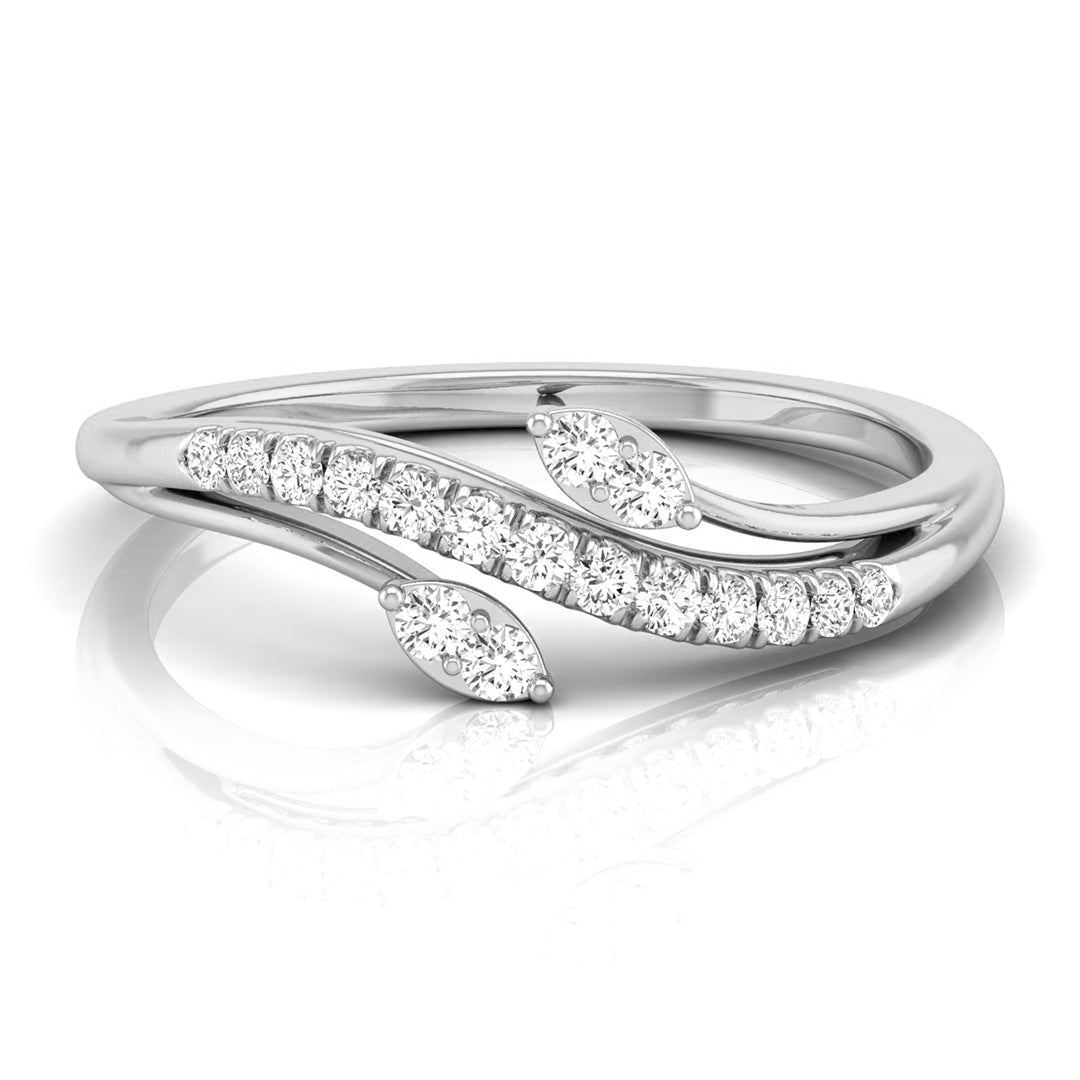 A silver wrap-style ring featuring marquise-cut and round-cut clear gemstones, displayed on a clean white background with a soft reflection. white gold