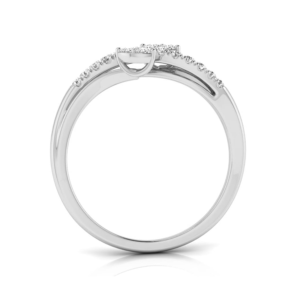 A silver-colored diamond ring shown from the back, featuring a pavé band with a small round center stone and a diamond halo along the top curve, set against a plain white background. white gold
