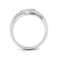 A silver-colored diamond ring shown from the back, featuring a pavé band with a small round center stone and a diamond halo along the top curve, set against a plain white background. white gold