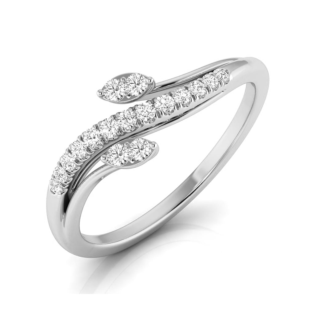 A silver-toned diamond ring featuring a curved, leaf-like design with rows of clear round-cut diamonds and marquise-cut diamond accents, set against a clean white background. white gold