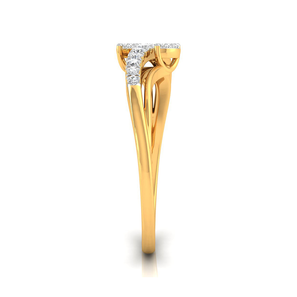 A yellow gold ring with a curved, sculptural band and a pavé diamond setting at the top, shown on a clean white background.