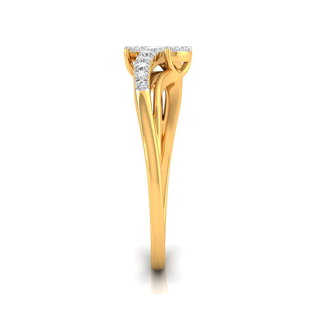 A yellow gold ring with a curved, sculptural band and a pavé diamond setting at the top, shown on a clean white background.