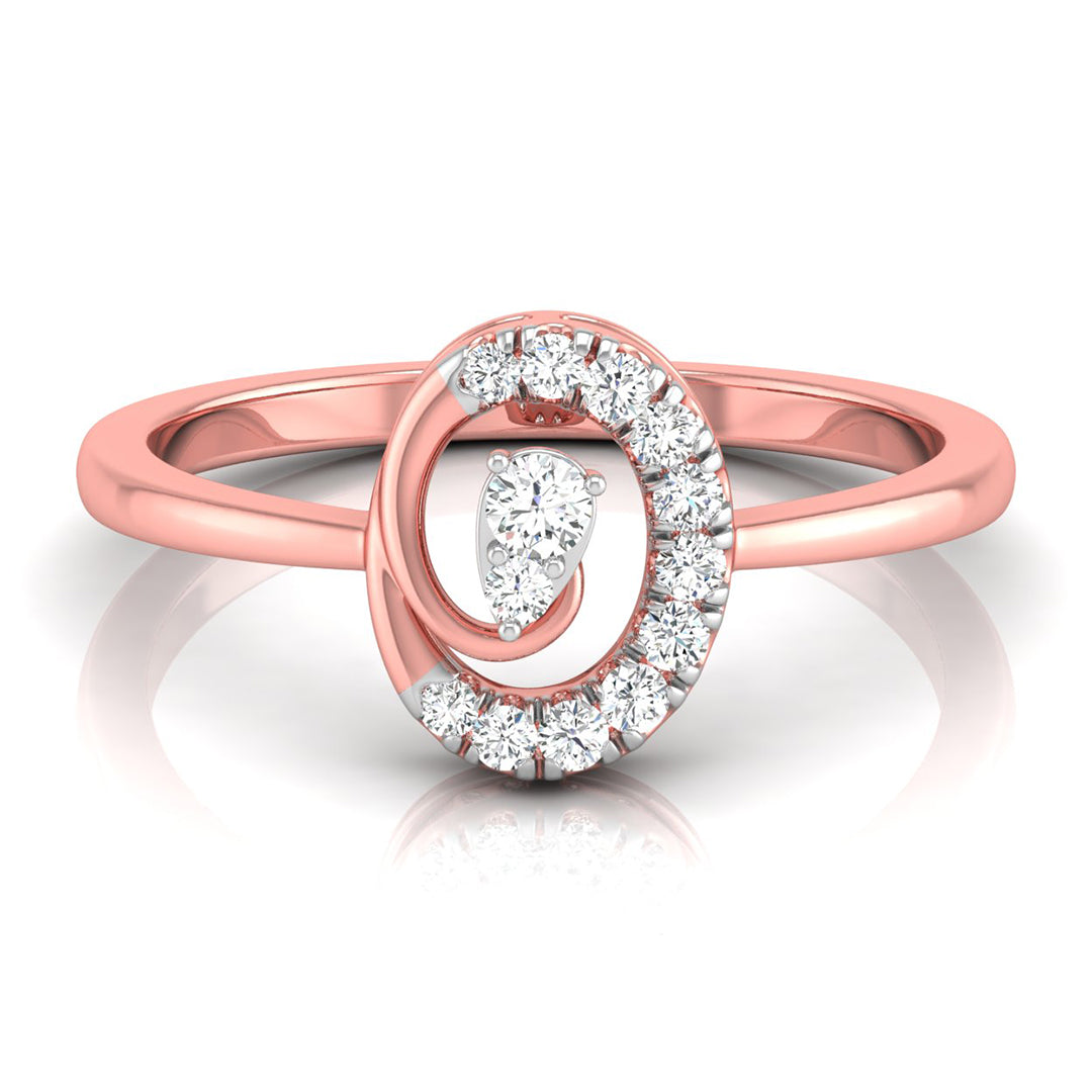 Rose gold ring with a double spiral design, featuring a central pear-cut diamond and a halo of round diamonds on a white background.