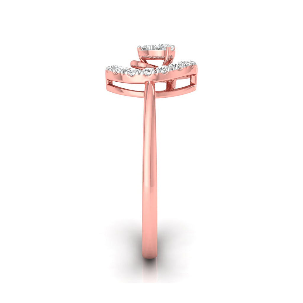 A rose gold ring with a curved pavé band and a round-cut center stone, shown on a clean white background.