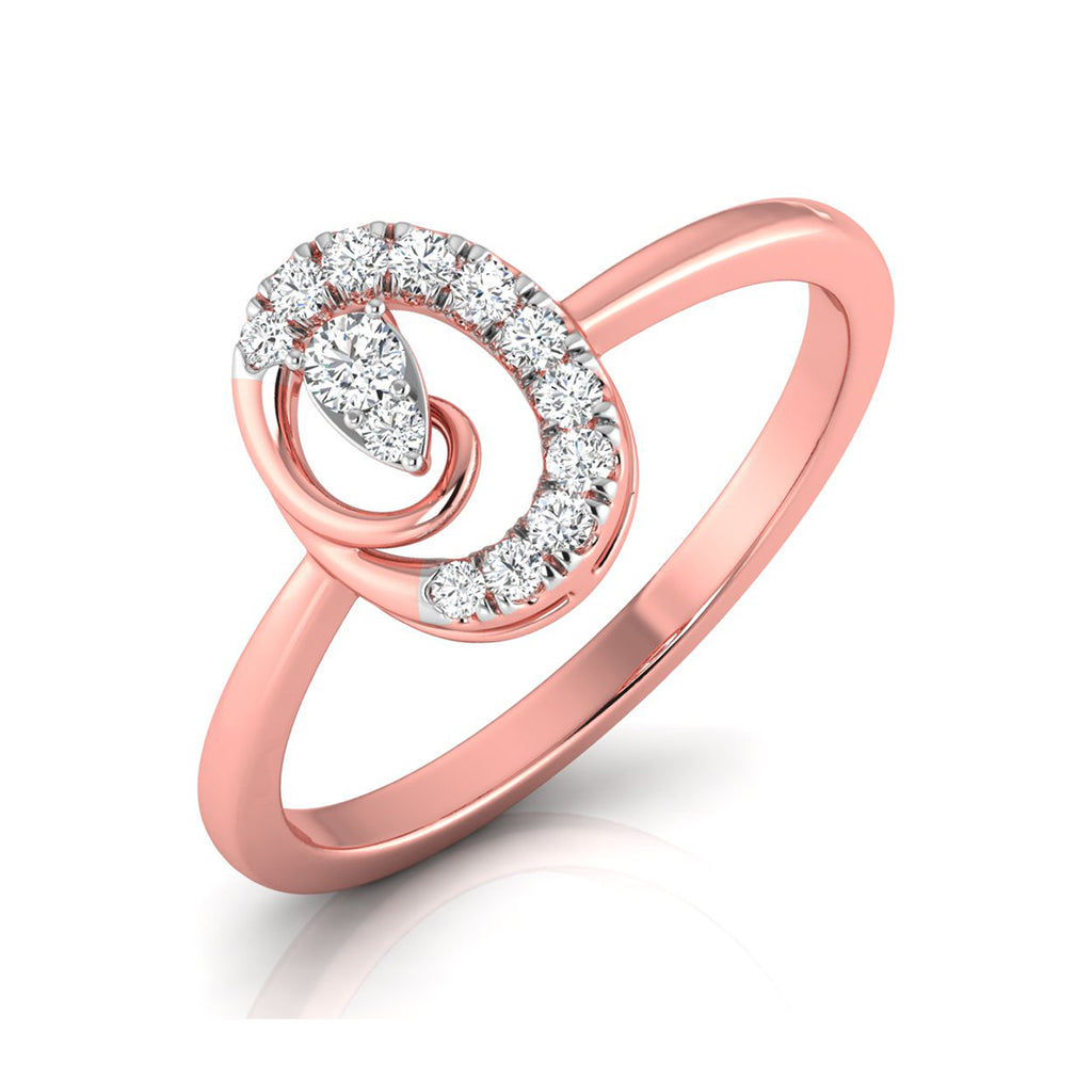 A rose gold ring with a double crescent design set with small round and pear-cut clear gemstones, shown on a clean white background.