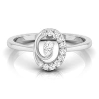 A silver-toned ring featuring a double oval design with a halo of small round stones around the outer oval and a pear-cut center stone, shown on a clean white background with a soft reflection. white gold