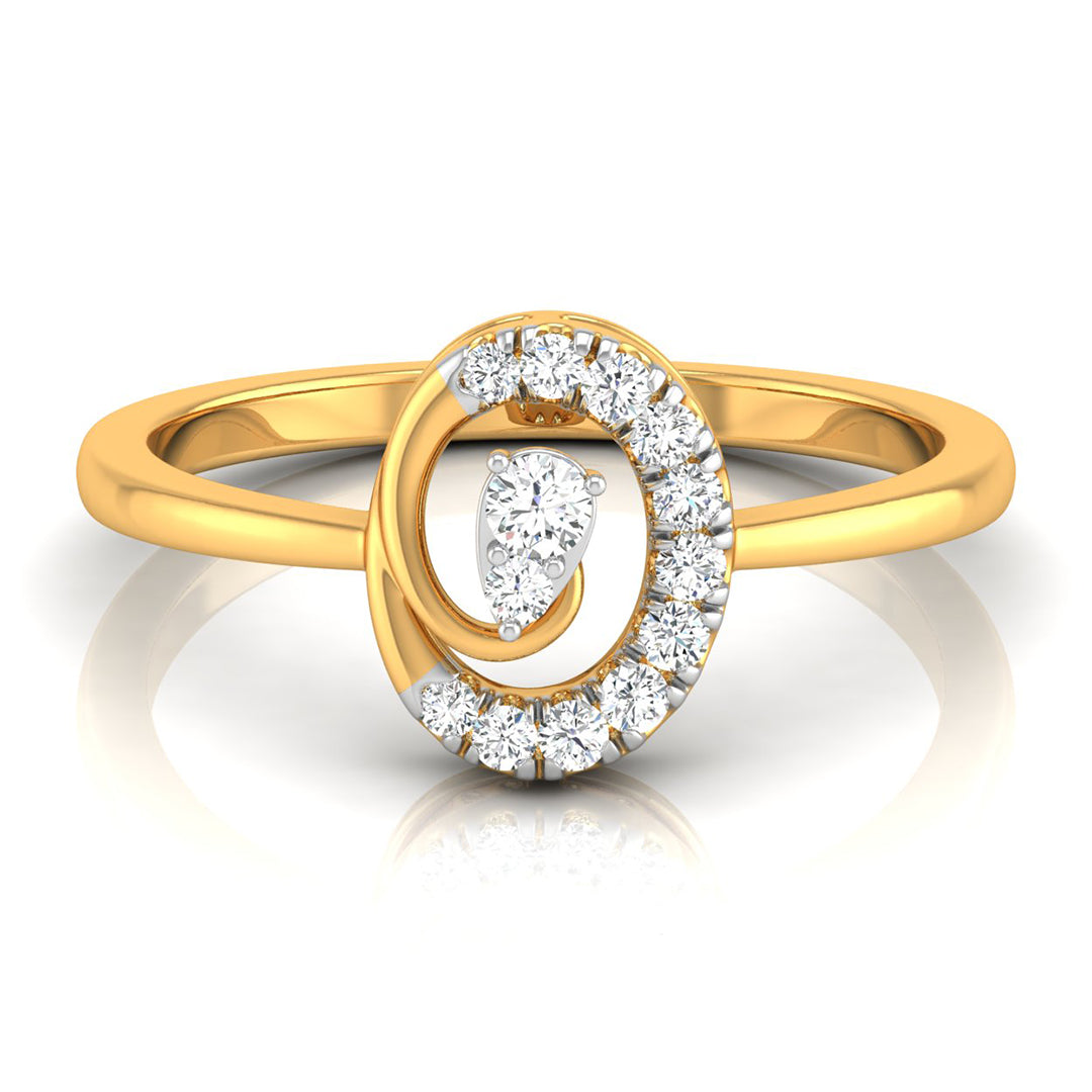 A yellow gold ring with a double spiral design, featuring a central pear-cut diamond and a halo of round diamonds on a clean white background.