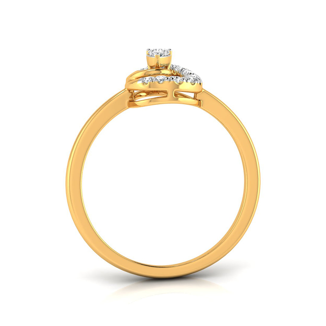 A yellow gold ring with a curved band and a cluster of small clear stones at the top, shown on a plain white background.