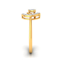 A yellow gold ring with a curved top featuring a round-cut center stone and a row of small clear stones along the band, shown on a white background.