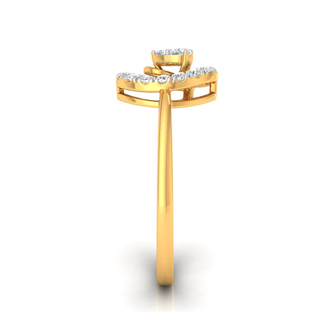 A yellow gold ring with a curved top featuring a round-cut center stone and a row of small clear stones along the band, shown on a white background.