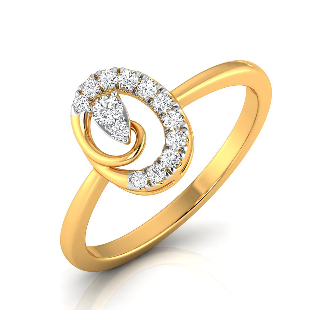 A yellow gold ring featuring a double crescent design with a central pear-cut diamond and surrounding pavé diamonds, set against a clean white background.