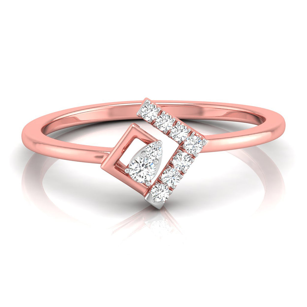 A rose gold ring with a geometric square design, featuring a central pear-cut diamond flanked by pavé-set round diamonds, on a clean white background with a soft reflection.