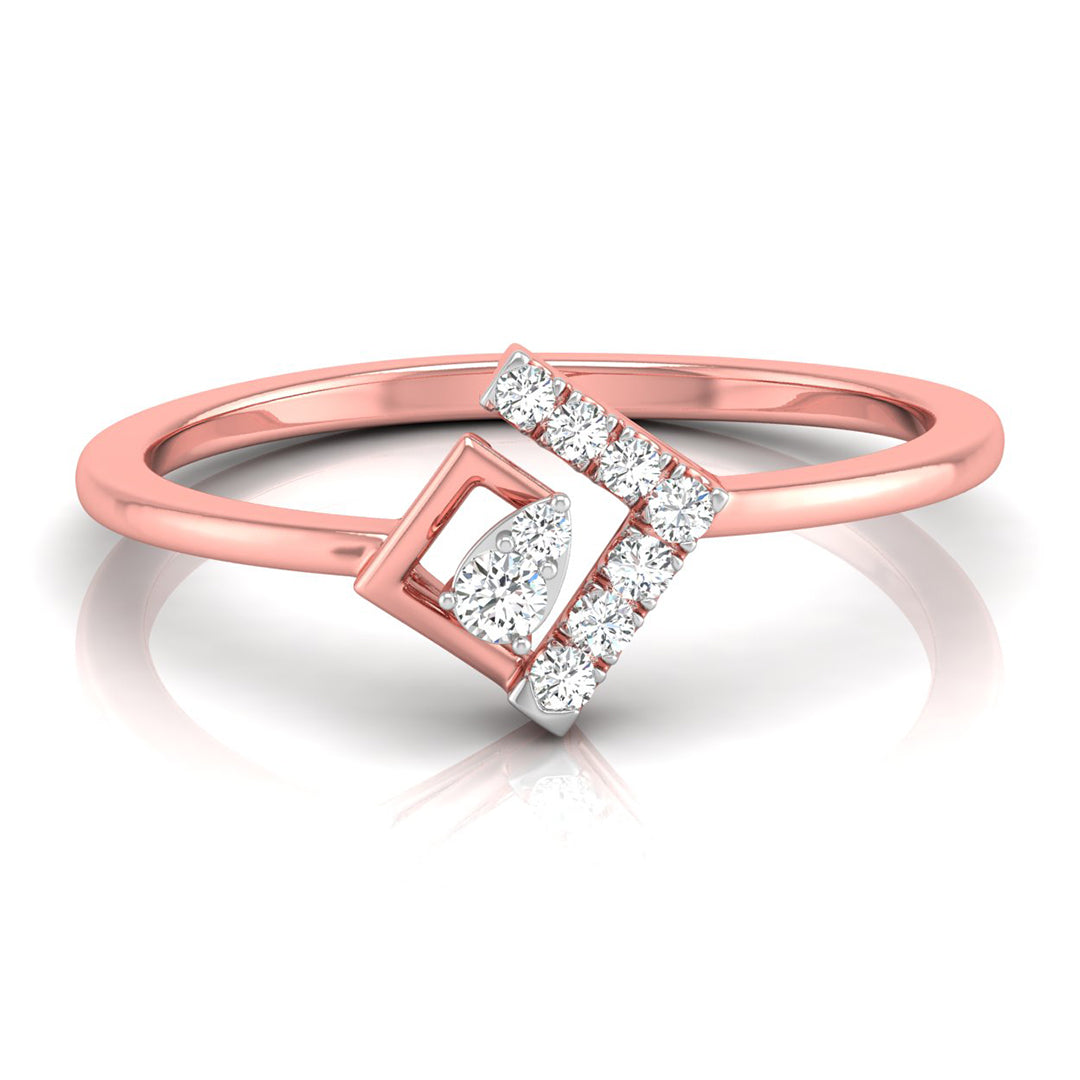 A rose gold ring with a geometric square design, featuring a central pear-cut diamond flanked by pavé-set round diamonds, on a clean white background with a soft reflection.