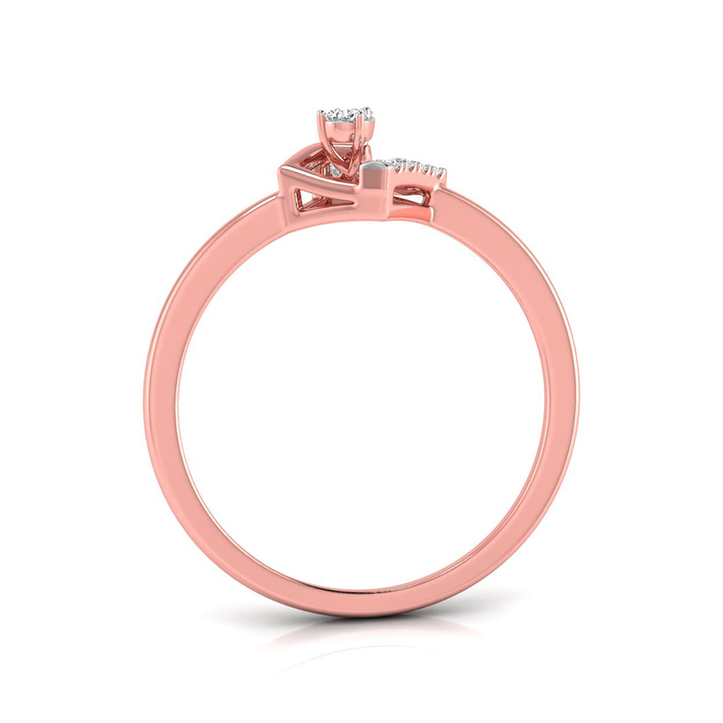 A rose gold ring with a bow-like top setting featuring a central round gemstone and small side stones, shown on a clean white background.