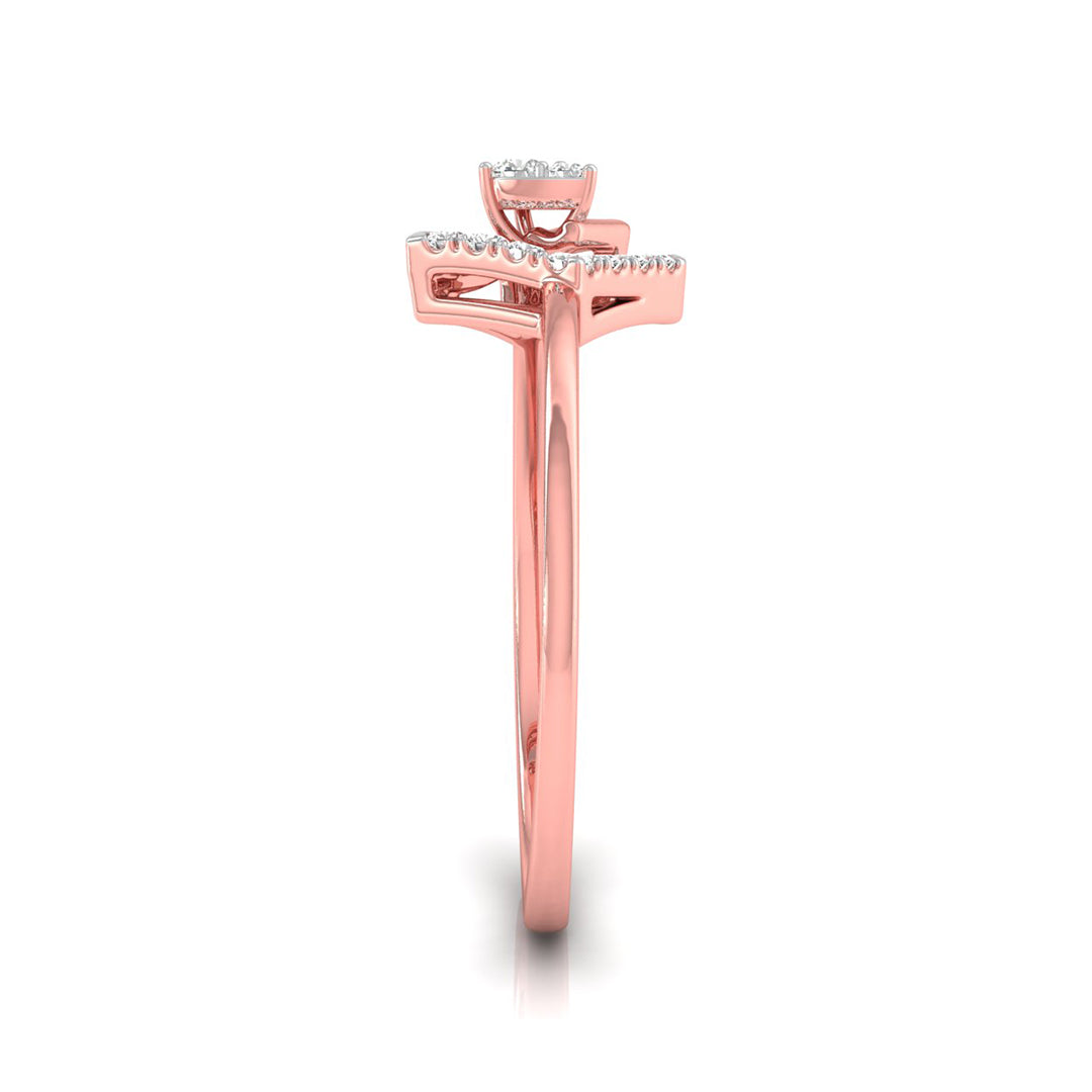 Rose gold diamond ring with a square-cut center stone and small round diamonds along the shoulders, shown in a side profile view on a white background.
