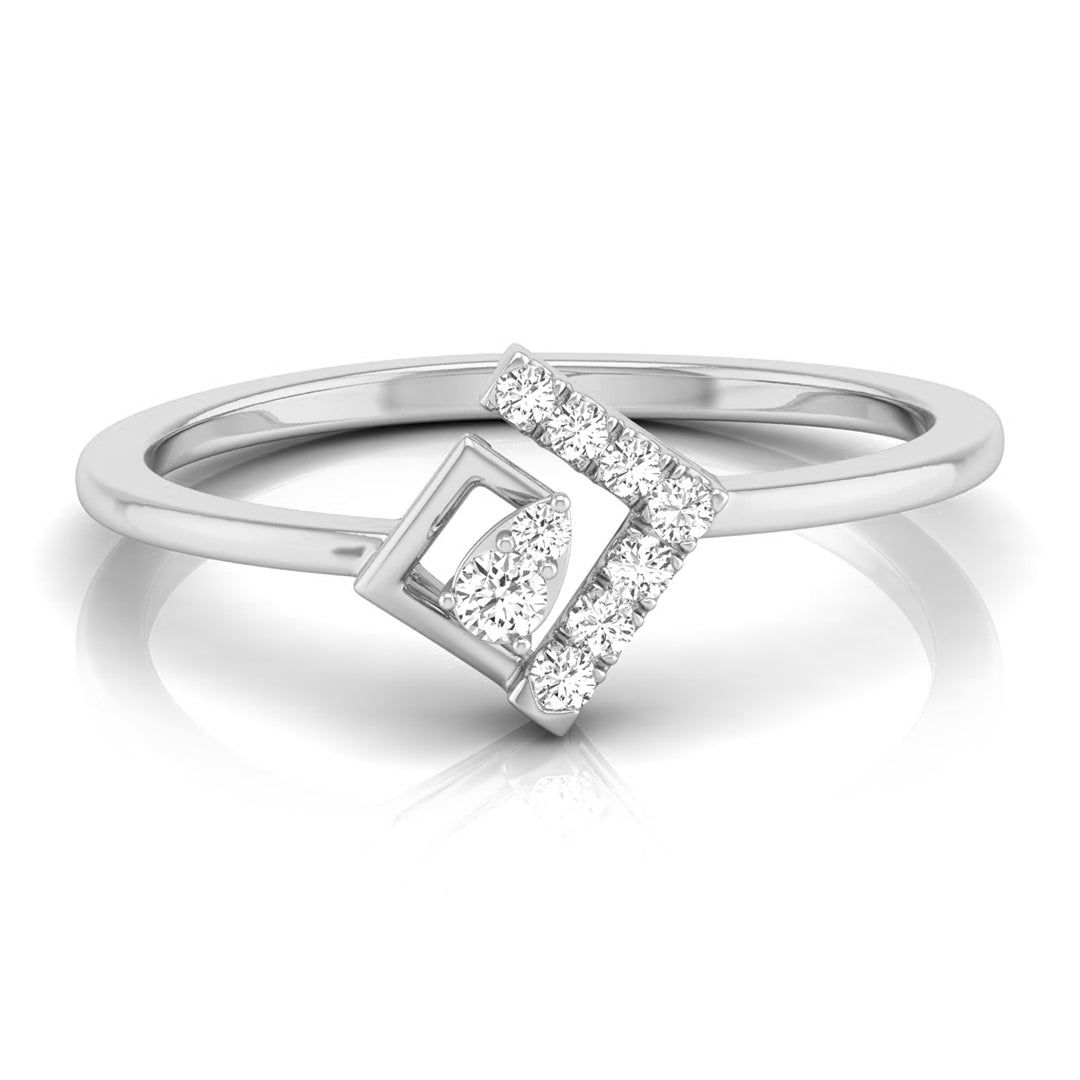 A silver geometric ring featuring a square openwork center set with small round and pear-cut diamonds, shown on a clean white background with a soft reflection.