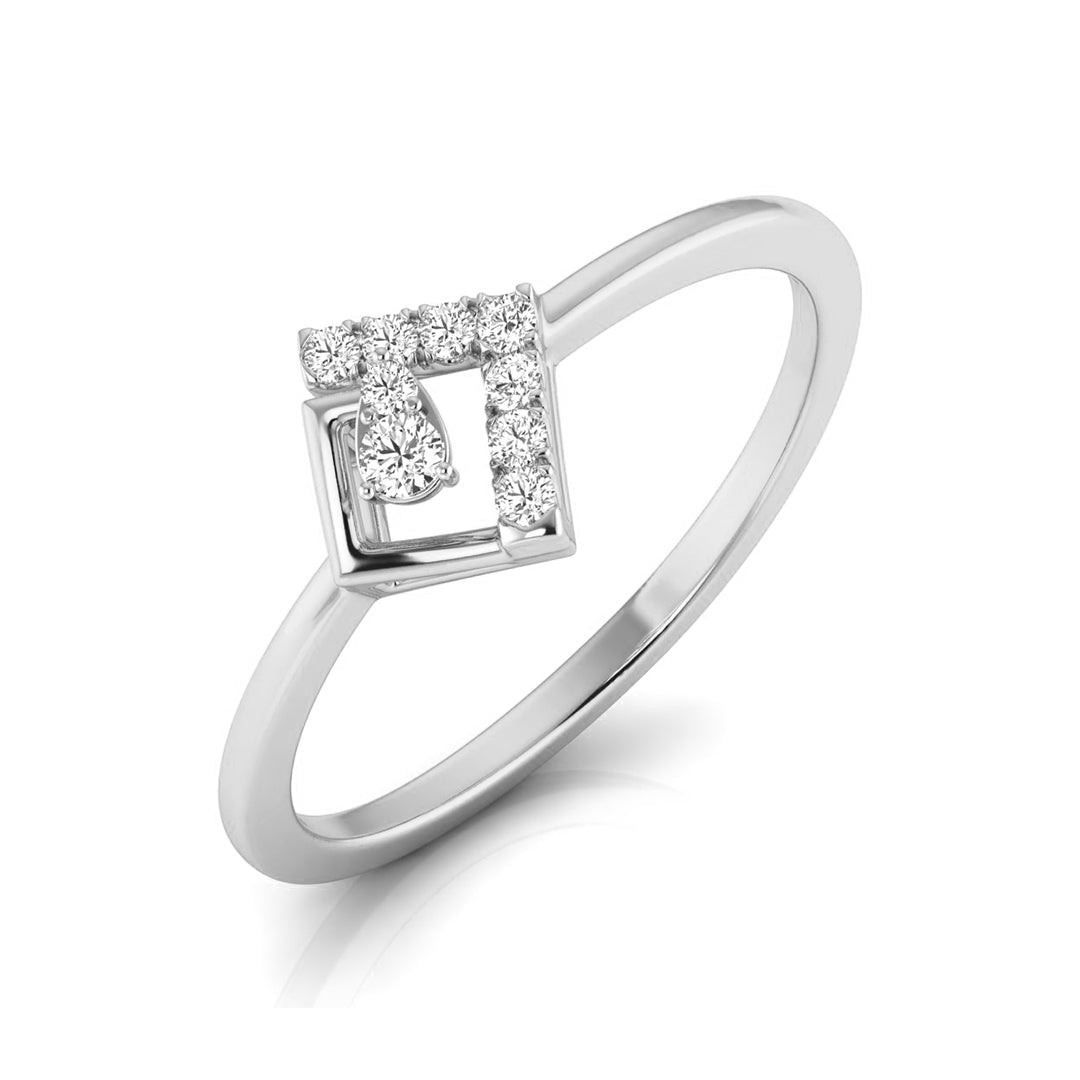 A silver ring featuring a square openwork setting paved with small clear stones and a central pear-cut diamond, shown on a clean white background.