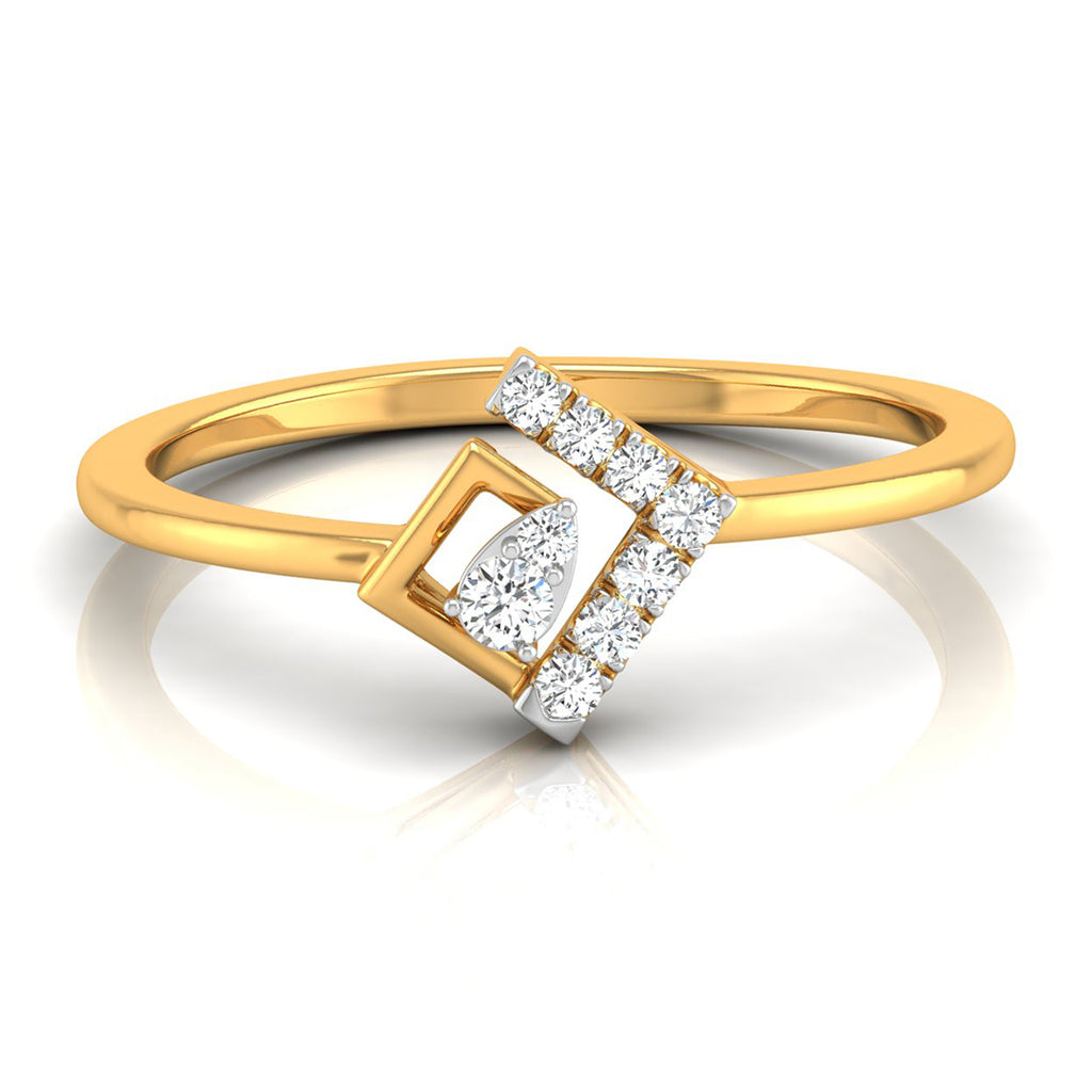 A yellow gold ring with a geometric design featuring a central pear-cut diamond and a side channel of small round diamonds, set against a clean white background with a soft reflection.