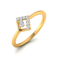 A yellow gold ring featuring a square-shaped diamond setting with a central pear-cut diamond, set against a clean white background.