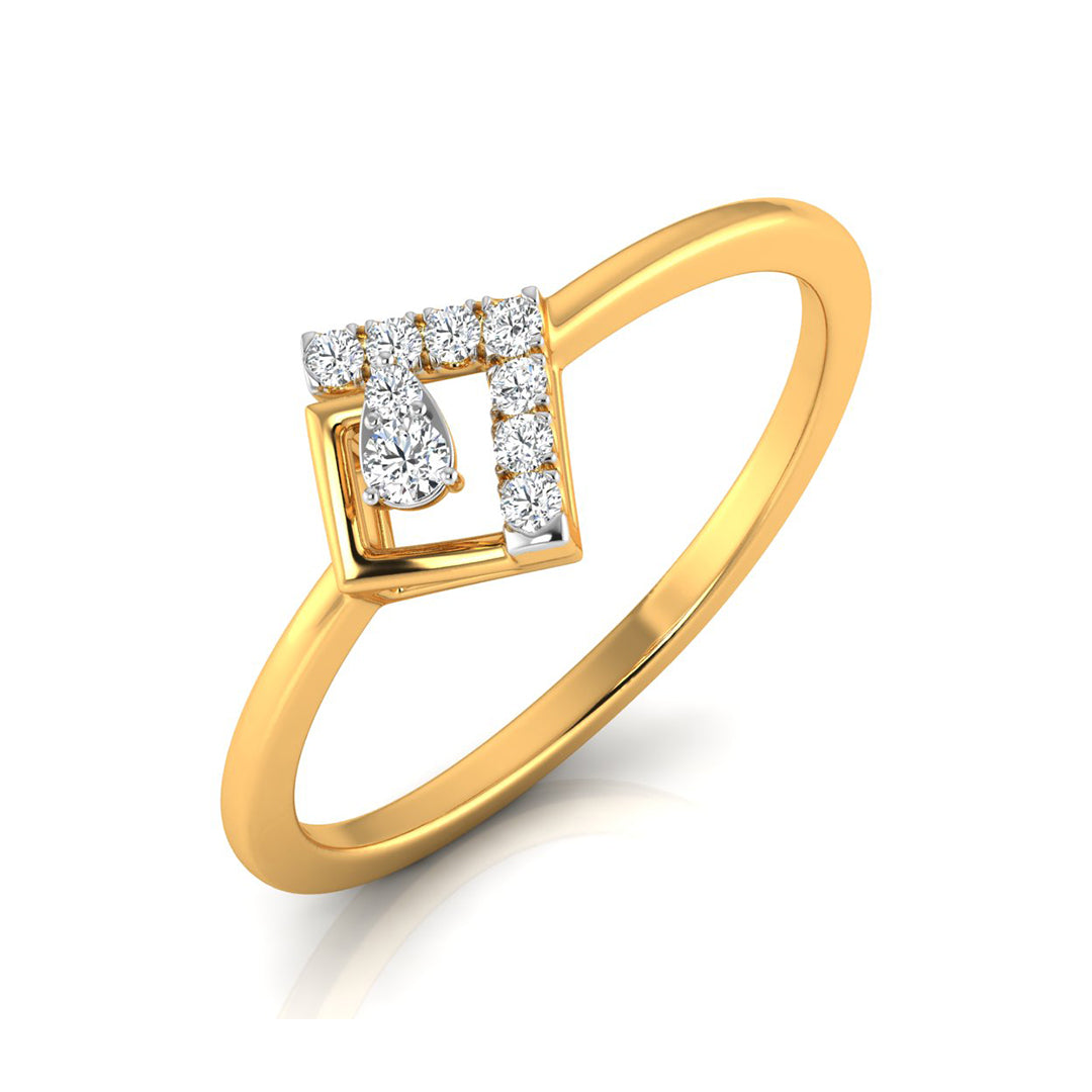 A yellow gold ring featuring a square-shaped diamond setting with a central pear-cut diamond, set against a clean white background.