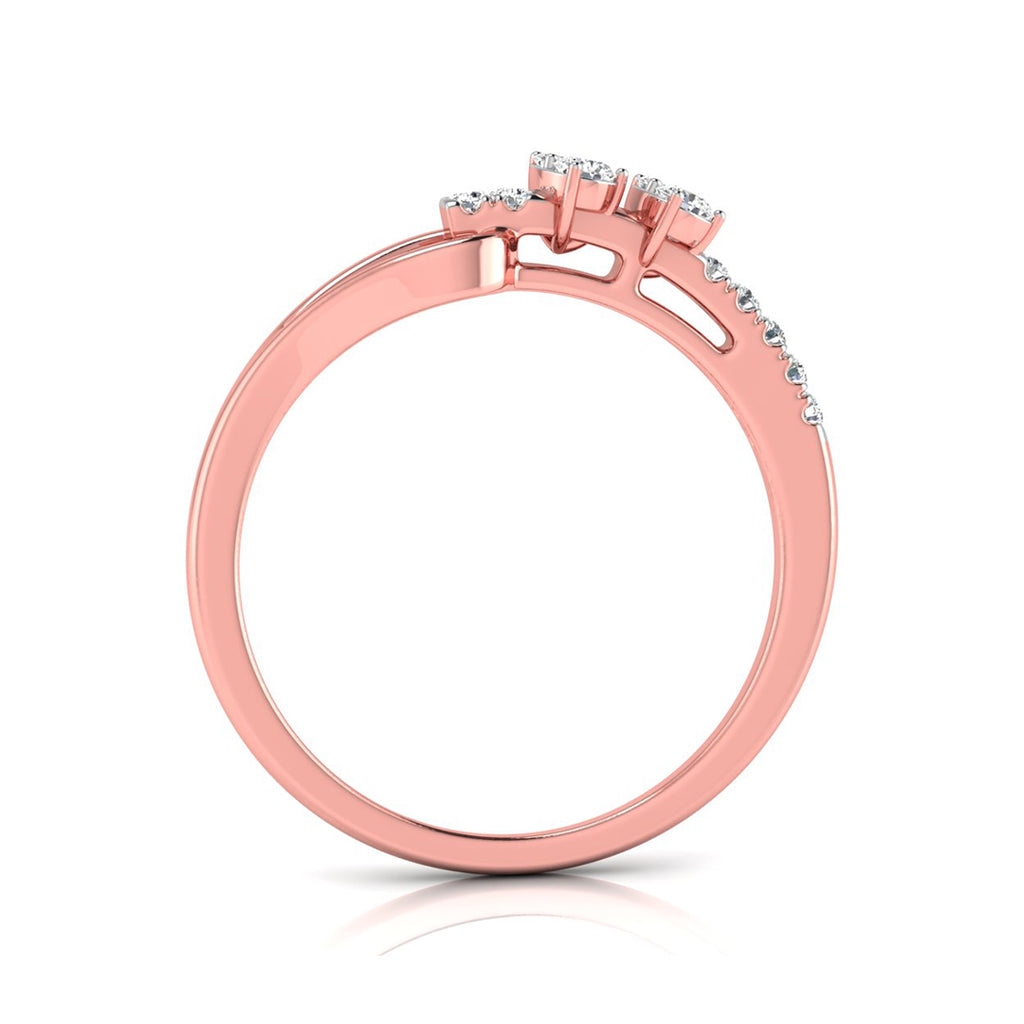 Rose gold diamond ring with a three-stone center and a pavé band, shown from a side angle on a white background.