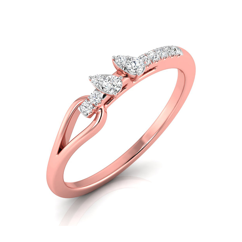 A rose gold ring featuring three marquise-cut diamonds set in a curved, intertwined band design with smaller round diamonds, shown on a clean white background.