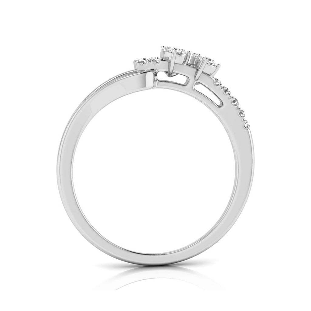 A silver-colored diamond ring shown from a side profile view, featuring a three-stone crown and a pavé band, set against a plain white background. white-gold