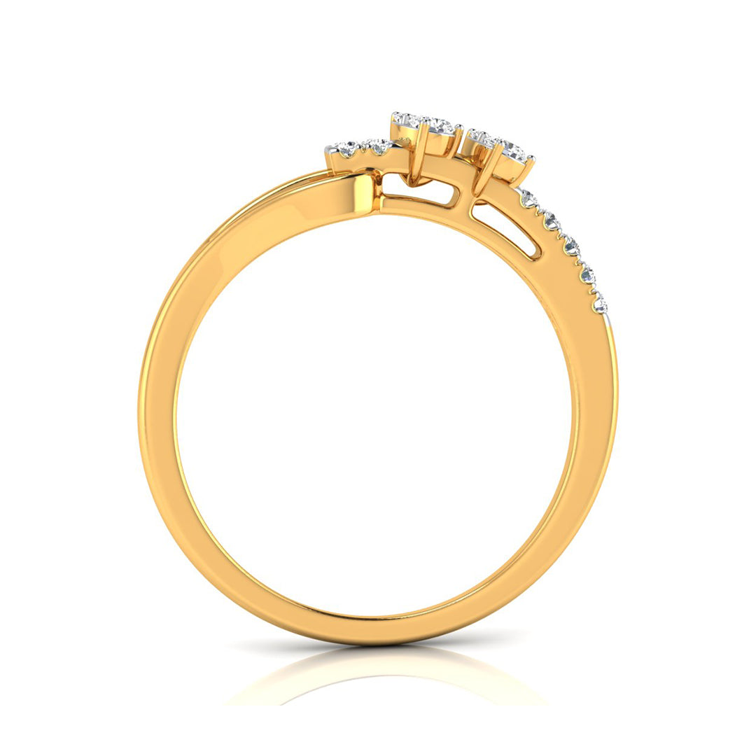 A yellow gold ring shown from a side profile view, featuring a three-stone crown with clear gemstones and a pavé band with small round-cut diamonds, set against a plain white background.