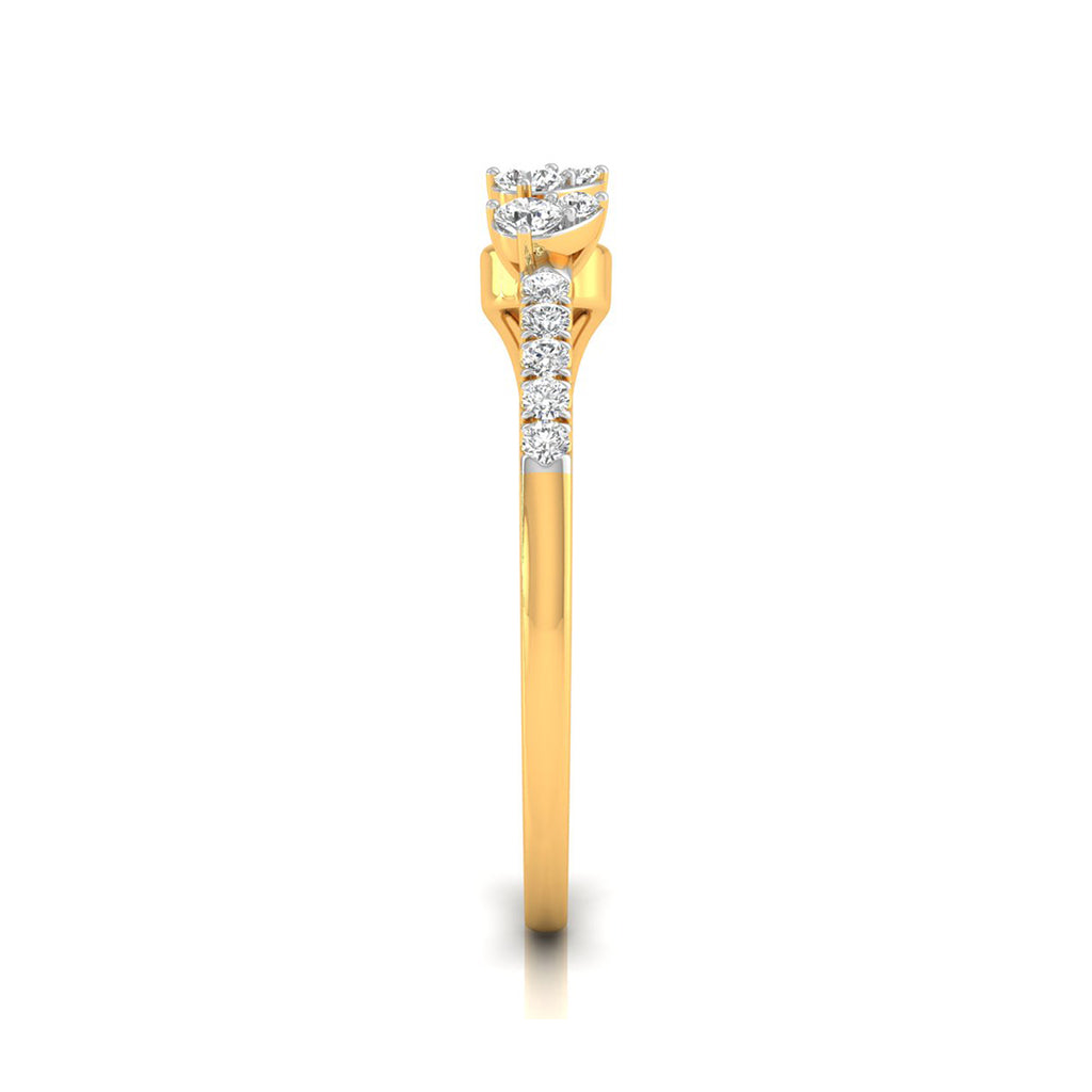 A yellow gold ring featuring a curved halo-style diamond setting at the top and a vertical row of three round diamonds on the band, shown against a plain white background.