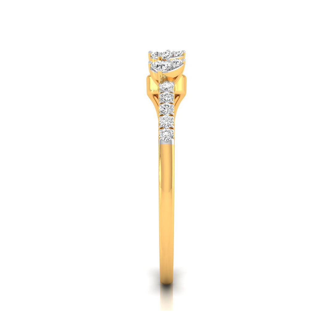 A yellow gold ring featuring a curved halo-style diamond setting at the top and a vertical row of three round diamonds on the band, shown against a plain white background.