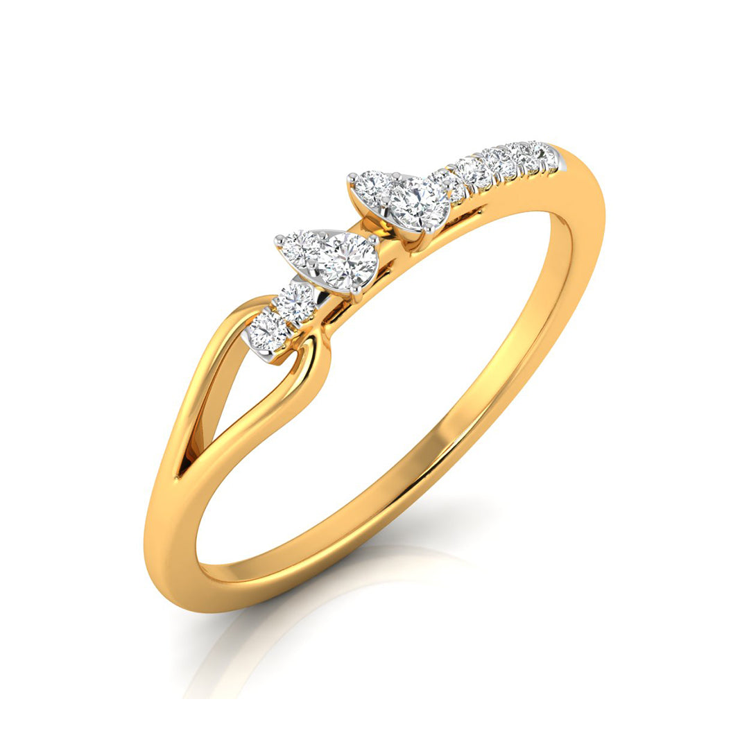 A yellow gold ring featuring three pear-cut diamonds set in a curved, intertwined band design with a row of smaller diamonds, shown on a white background.