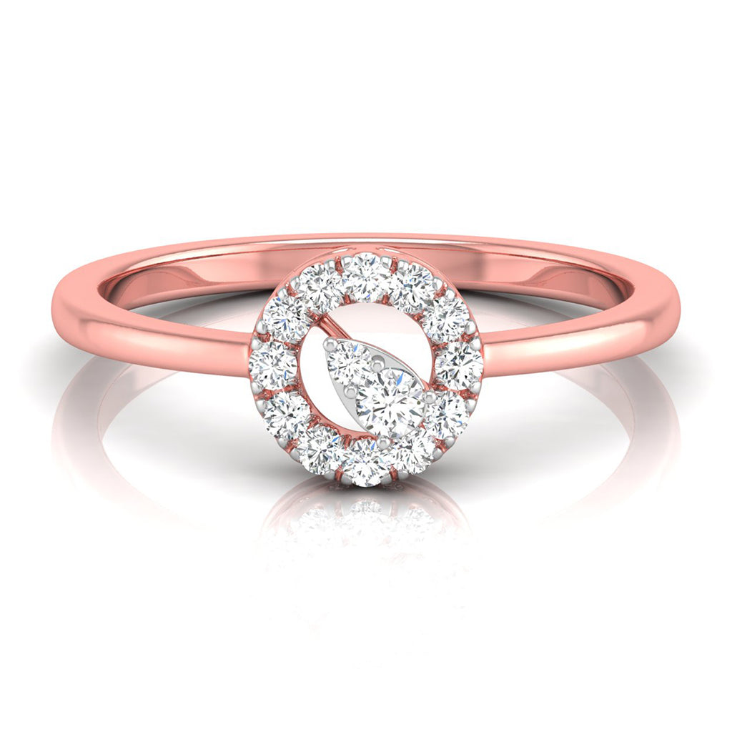 A rose gold ring with a halo setting and a central marquise-cut diamond, displayed on a clean white background with a soft reflection.