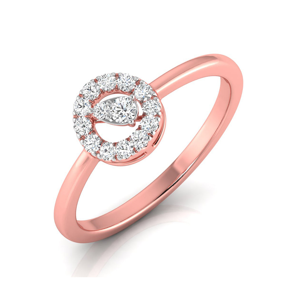 A rose gold ring featuring a circular halo design set with clear round and marquise-cut gemstones, shown on a clean white background.