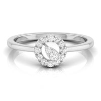 A silver-toned diamond ring with a double halo design surrounding a central diamond-cut stone, shown on a clean white background with a soft reflection below. white gold