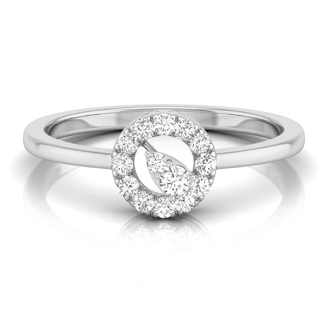 A silver-toned diamond ring with a double halo design surrounding a central diamond-cut stone, shown on a clean white background with a soft reflection below. white gold