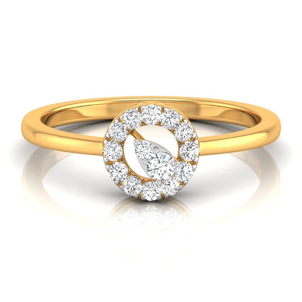 A yellow gold ring with a double halo design featuring round and marquise-cut clear stones, shown on a reflective white surface.