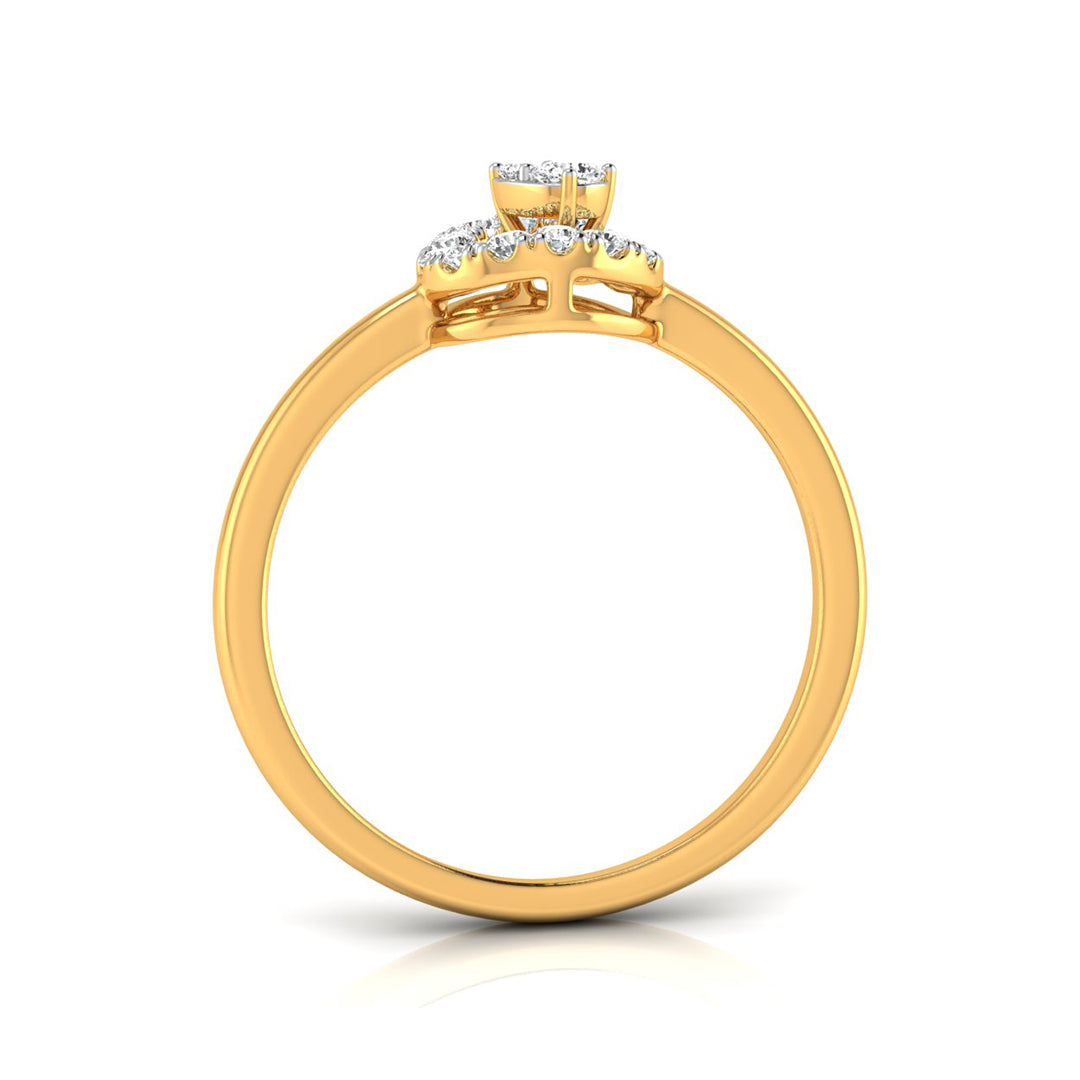 A yellow gold ring with a three-stone cluster setting featuring clear gemstones, shown from a side profile view on a white background with a soft reflection.