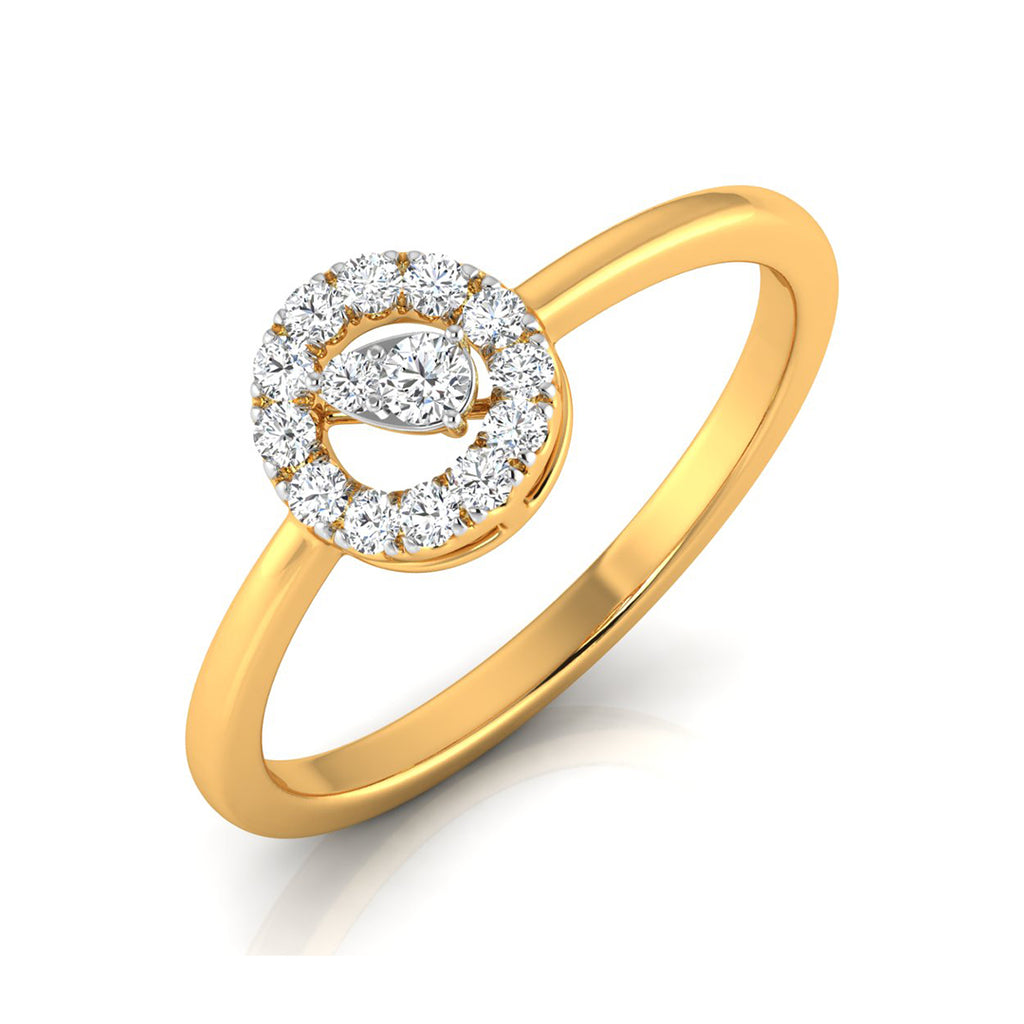 A yellow gold ring featuring a circular halo setting with clear round and marquise-cut stones, shown on a clean white background.