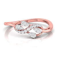 A rose gold ring featuring an infinity symbol design paved with small round and pear-cut diamonds, set against a clean white background with a soft reflection.