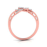 A rose gold ring with a bow-shaped cluster of small clear gemstones at the top, shown on a clean white background with a soft reflection.