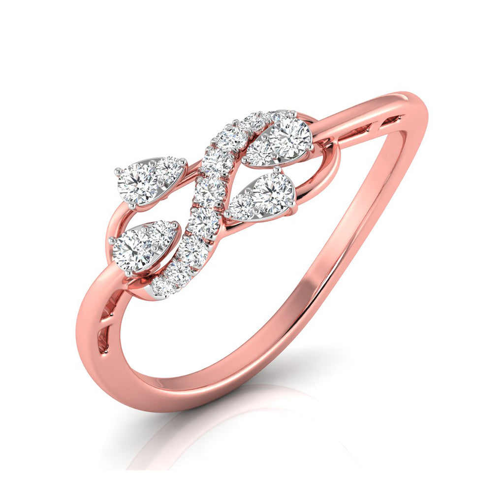 Rose gold ring with a leaf-like design featuring pear-cut and round brilliant-cut diamonds, shown on a clean white background with a soft reflection.