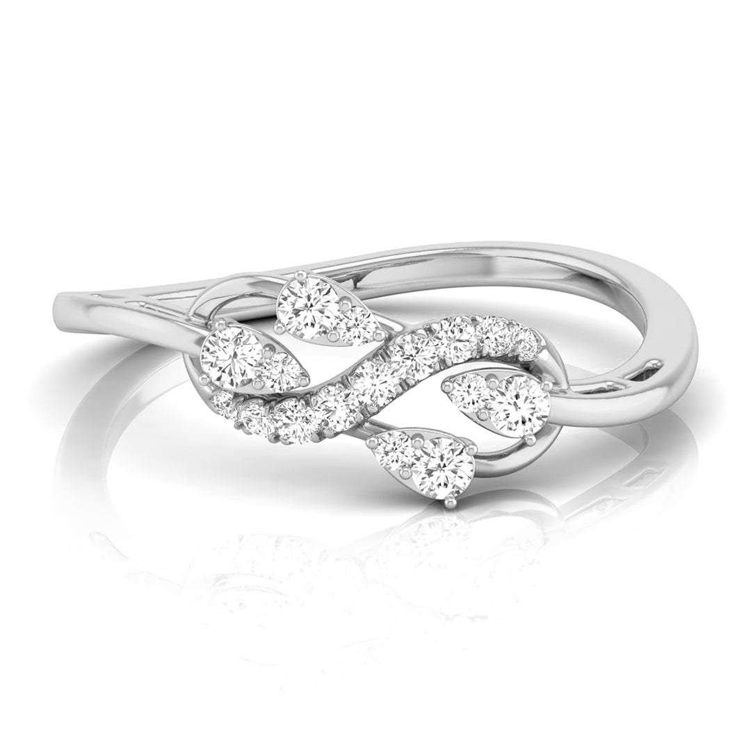A silver infinity-style ring featuring pavé-set round and marquise-cut diamonds, displayed on a clean white background with a soft reflection. white gold