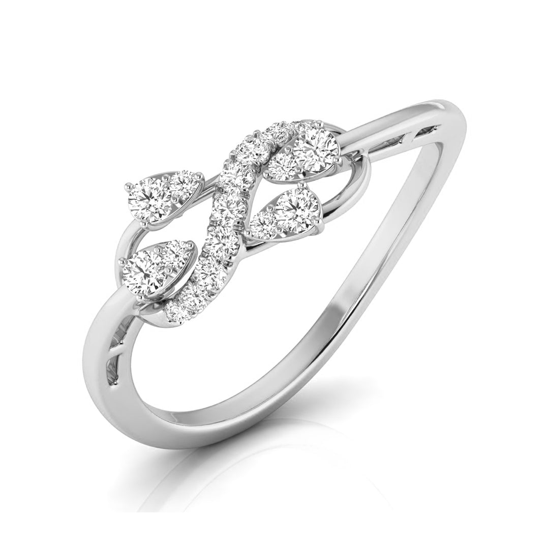 A silver-colored ring featuring a decorative infinity symbol paved with small round and marquise-cut clear stones, set against a clean white background. white gold