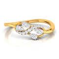 A yellow gold ring featuring an infinity symbol design paved with small round and pear-cut diamonds, set against a clean white background with a soft reflection.