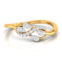 A yellow gold ring featuring an infinity symbol design paved with small round and pear-cut diamonds, set against a clean white background with a soft reflection.