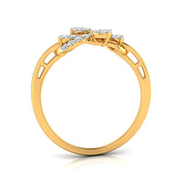A yellow gold ring with a decorative top featuring small clear gemstones, shown on a clean white background with a soft reflection.